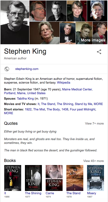 Stephen King Knowledge Panel on Desktop