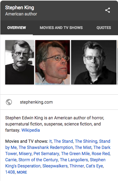 Stephen King Knowledge Panel on Mobile