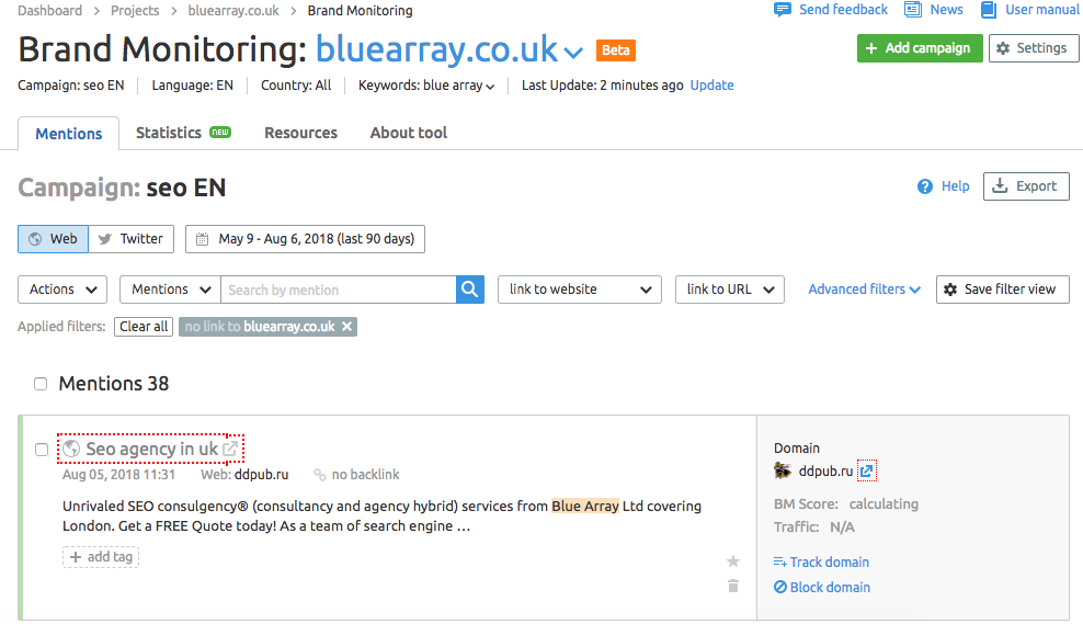 SEM Rush Brand Monitoring UI