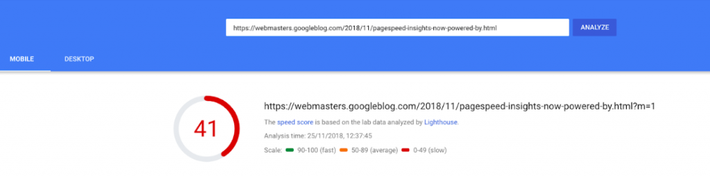 Pagespeed Insights speed score