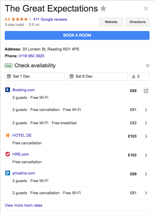 Great Expectations Google Hotels result expanded