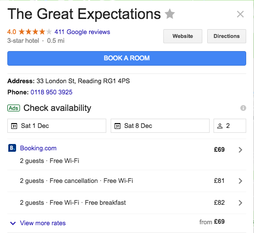 Great Expectations Google Hotels result