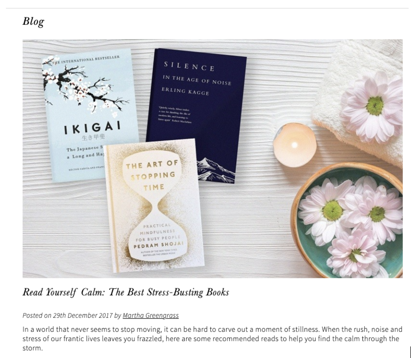 Selection of books; book titles include, "Ikigai", "Silence in the Age of Noise", and "The Art of Stopping Time"