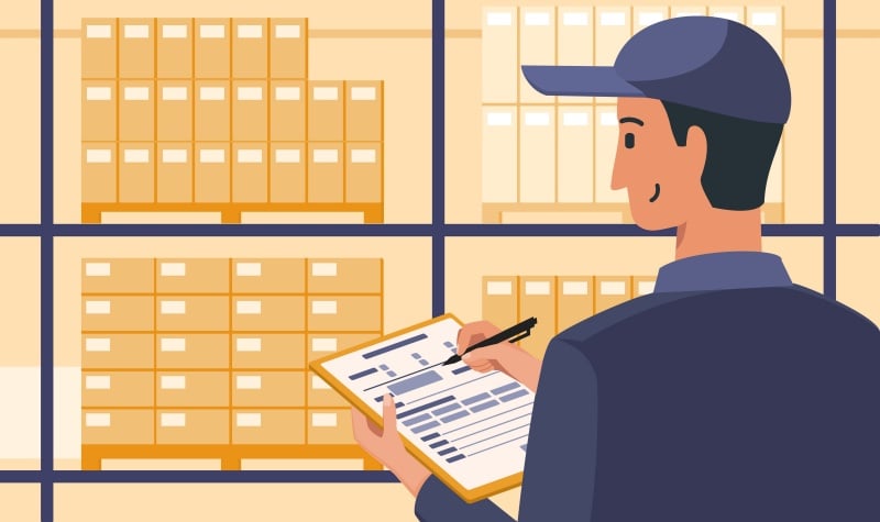Warehouse Manager Checking or Inspecting Available Stock while Writing Report Data in Paper Document.