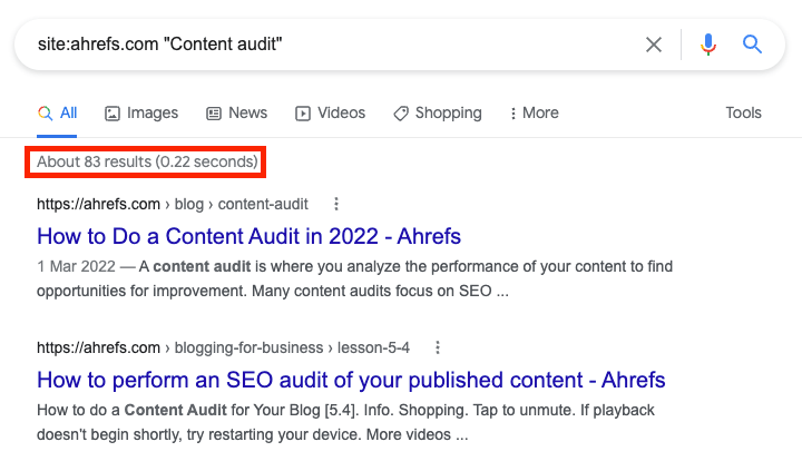 Image from a Google Site: Search showing all results on ahrefs.com for 'content audit'.