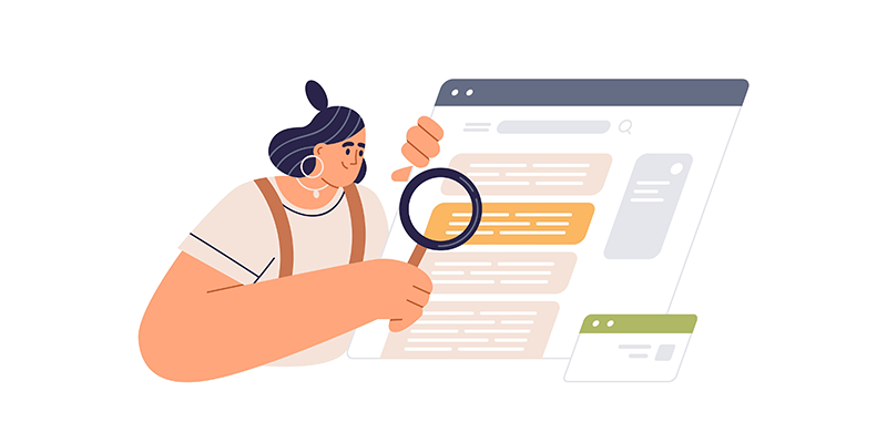 A graphic of a person holding a magnifying glass and inspecting a floating webpage.
