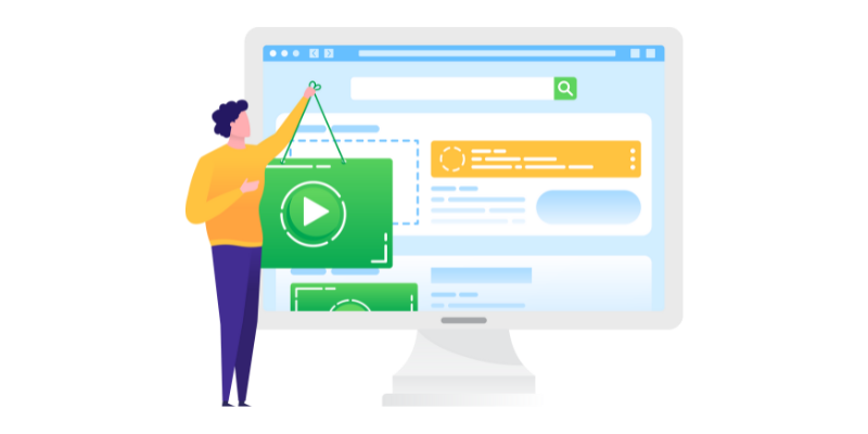 A graphic of a person handing a video place holder onto a big computer screen. 