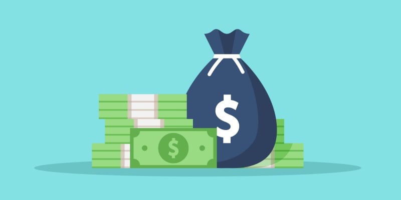 A graphic which has a large bag with a dollar sign on it surrounded by stacks of dollar notes.
