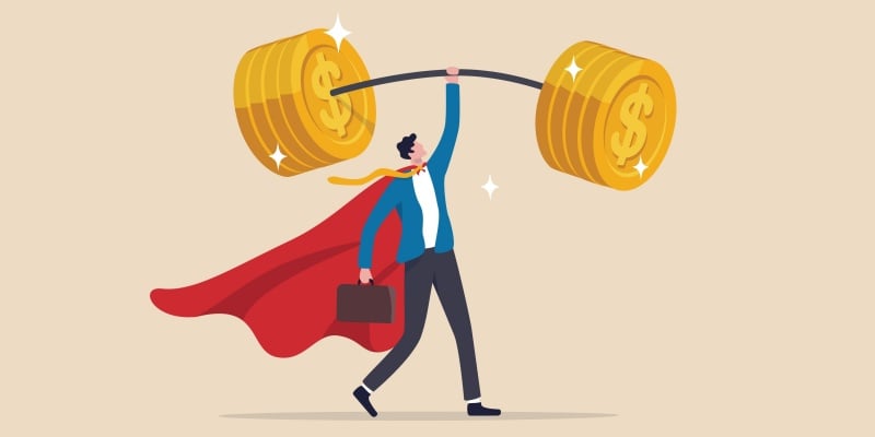 A graphic of a man in a cape holding up a barbell weight. 