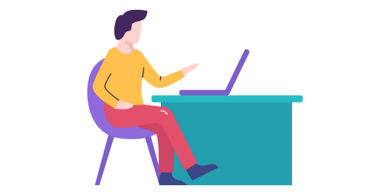 A graphic of a person sat down in front of an open laptop.