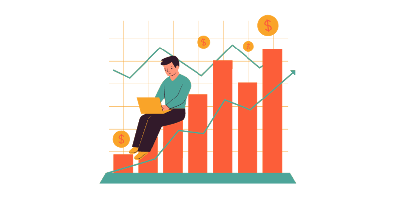 A graphic of a person sitting on a increasing bar chart - around them is dollar symbols.