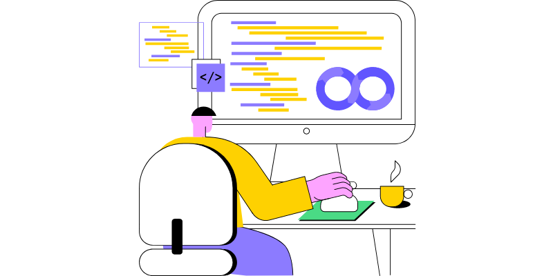 A illustration of someone sat at a desk using a computer.