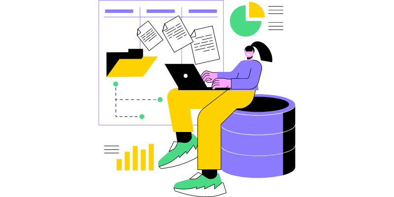 An illustration of someone sitting on a cylinder with a laptop resting on their knee. Coming out of the laptop are files and graphs. 