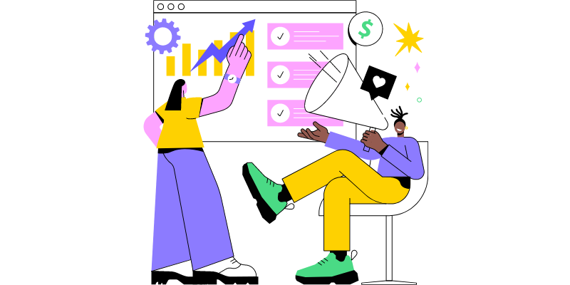 An animated graphic of two people stood in front of a computer screen. One of them is point at a graph on the screen the other is sat in a chair with a megaphone in their hand.