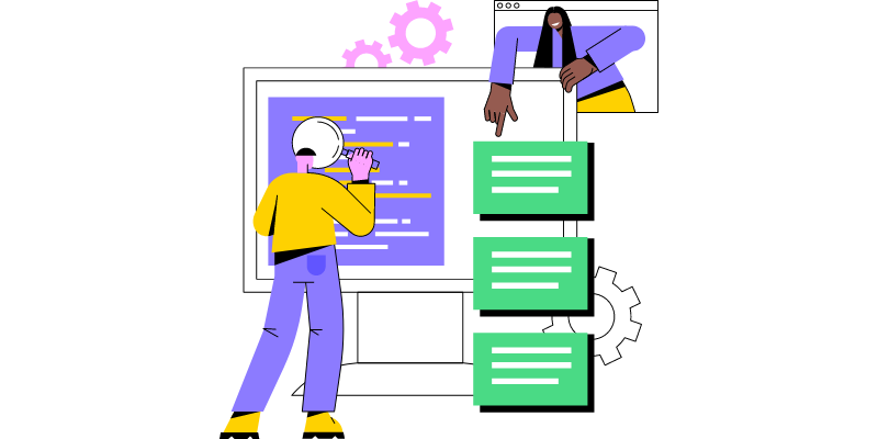 A graphic of two people inspecting a computer screen.