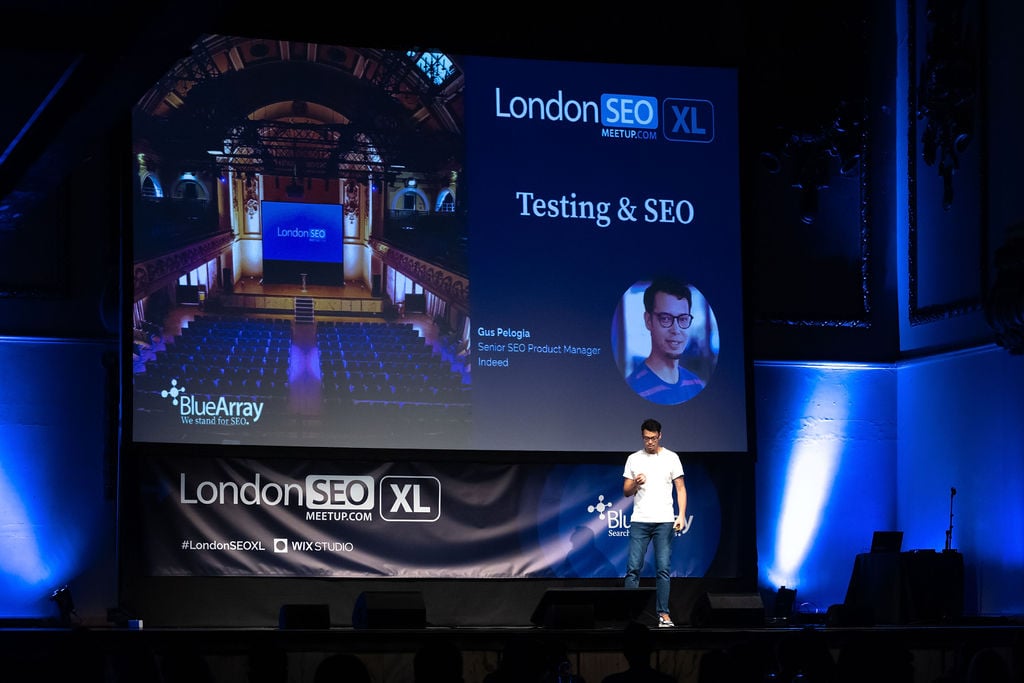 Gus on stage at LondonSEO XL 2024.