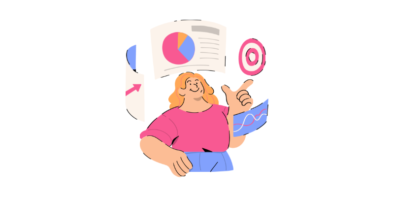 A cartoon of a woman surrounded by images related to marketing reporting such an a target, pie charts, graphs and an arrow