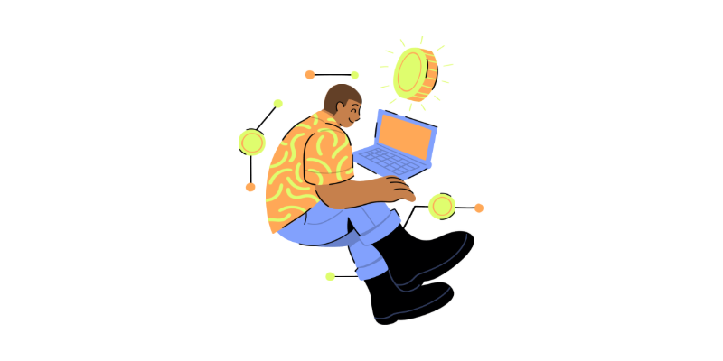 A cartoon of a man sat down working on his laptop 
